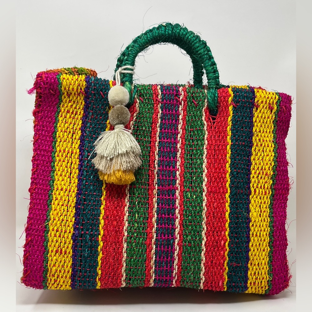 Tote bag - Hand made in Mexico with one pompon, size: 5” x 12” x 13” - Picture 1 of 4